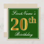 Elegant, groen, Faux Gold 20th Birthday + naam Kaart (Voorkant / Achterkant)