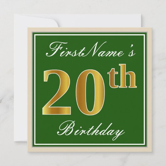 Elegant, groen, Faux Gold 20th Birthday + naam Kaart (Voorkant)