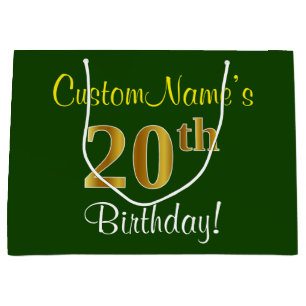 Elegant, groen, Faux Gold 20th Birthday + naam Large Cadeautasje