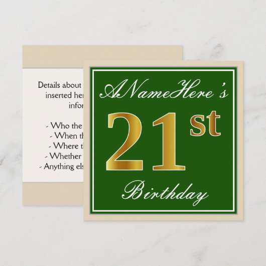 Elegant, groen, Faux Gold 21st geboortedag + naam Kaart (Voorkant / Achterkant)
