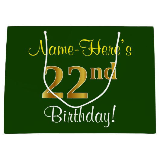 Elegant, groen, Faux Gold 22e verjaardag + naam Groot Cadeauzakje (Voorkant)