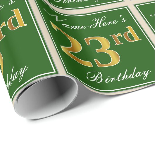 Elegant, groen, Faux Gold 23rd Birthday + naam Cadeaupapier (Rol Hoek)