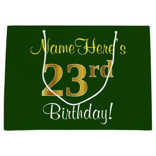 Elegant, groen, Faux Gold 23rd Birthday + naam Groot Cadeauzakje (Voorkant)