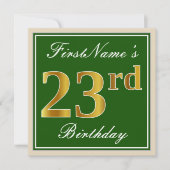 Elegant, groen, Faux Gold 23rd Birthday + naam Kaart (Voorkant)