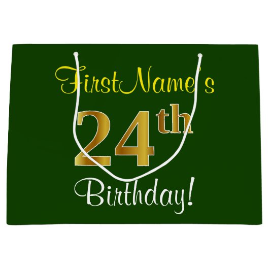 Elegant, groen, Faux Gold 24th Birthday + naam Groot Cadeauzakje (Voorkant)