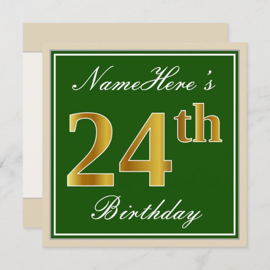 Elegant, groen, Faux Gold 24th Birthday + naam Kaart (Voorkant / Achterkant)