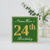 Elegant, groen, Faux Gold 24th Birthday + naam Kaart (Staand voorkant)