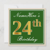 Elegant, groen, Faux Gold 24th Birthday + naam Kaart (Voorkant)