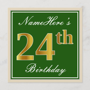 Elegant, groen, Faux Gold 24th Birthday + naam Kaart