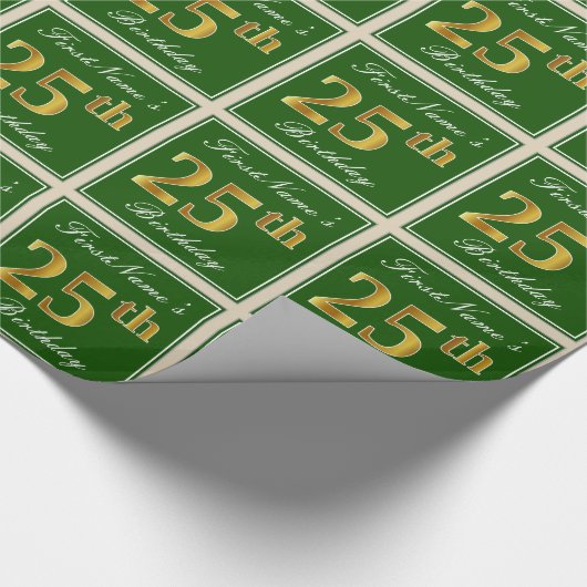 Elegant, groen, Faux Gold 25th Birthday + naam Cadeaupapier (Hoek)