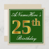 Elegant, groen, Faux Gold 25th Birthday + naam Kaart (Voorkant / Achterkant)