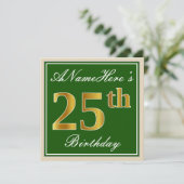 Elegant, groen, Faux Gold 25th Birthday + naam Kaart (Staand voorkant)