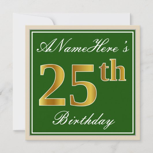 Elegant, groen, Faux Gold 25th Birthday + naam Kaart (Voorkant)