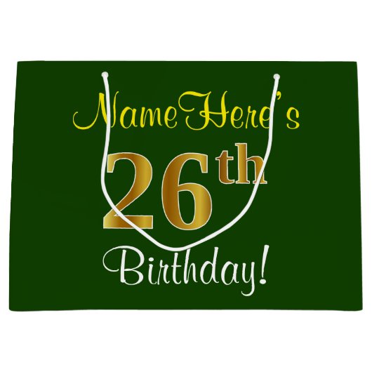 Elegant, groen, Faux Gold 26th Birthday + naam Groot Cadeauzakje (Voorkant)