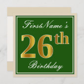 Elegant, groen, Faux Gold 26th Birthday + naam Kaart (Voorkant / Achterkant)