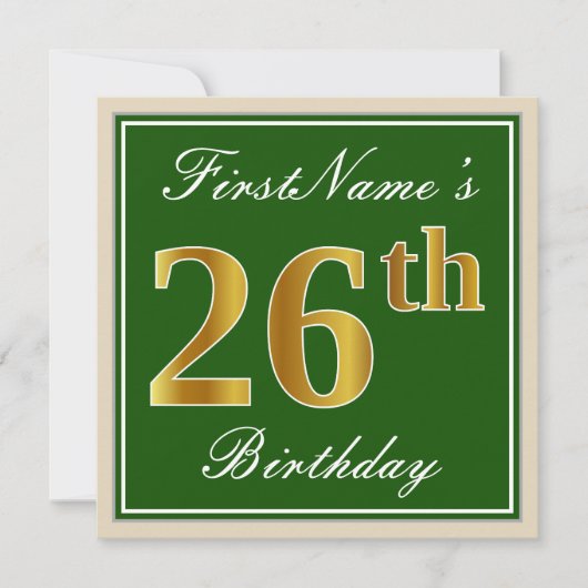 Elegant, groen, Faux Gold 26th Birthday + naam Kaart (Voorkant)