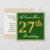 Elegant, groen, Faux Gold 27th Birthday + naam Kaart (Voorkant / Achterkant)