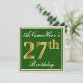 Elegant, groen, Faux Gold 27th Birthday + naam Kaart (Staand voorkant)