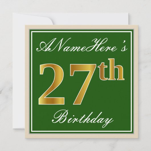 Elegant, groen, Faux Gold 27th Birthday + naam Kaart (Voorkant)