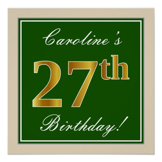 Elegant, groen, Faux Gold 27th Birthday + naam Perfect Poster (Voorkant)