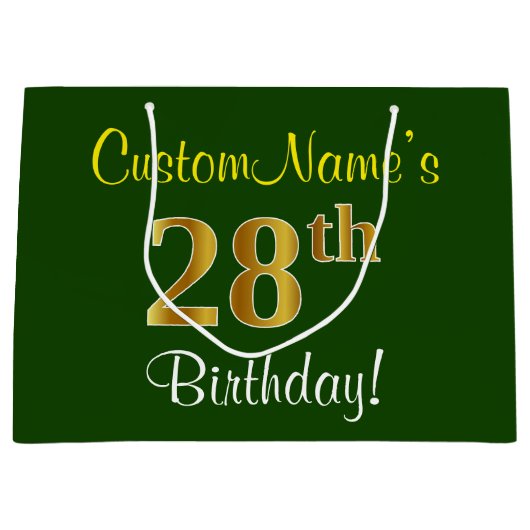 Elegant, groen, Faux Gold 28th Birthday + naam Groot Cadeauzakje (Voorkant)