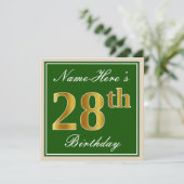 Elegant, groen, Faux Gold 28th Birthday + naam Kaart (Staand voorkant)
