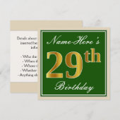 Elegant, groen, Faux Gold 29th Birthday + naam Kaart (Voorkant / Achterkant)