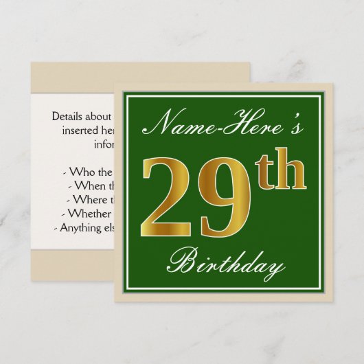Elegant, groen, Faux Gold 29th Birthday + naam Kaart (Voorkant / Achterkant)