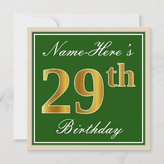 Elegant, groen, Faux Gold 29th Birthday + naam Kaart (Voorkant)