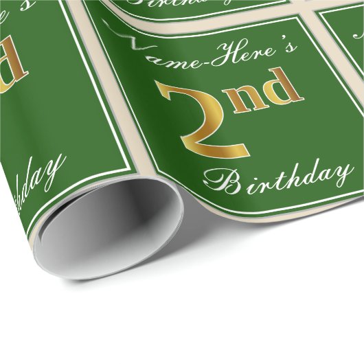 Elegant, groen, Faux Gold 2e verjaardag + naam Cadeaupapier (Rol Hoek)