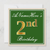 Elegant, groen, Faux Gold 2e verjaardag + naam Kaart (Voorkant)