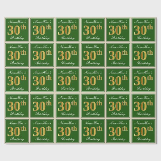 Elegant, groen, Faux Gold 30th Birthday + naam Cadeaupapier (Vlak)