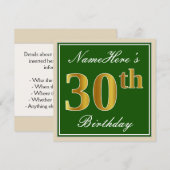 Elegant, groen, Faux Gold 30th Birthday + naam Kaart (Voorkant / Achterkant)