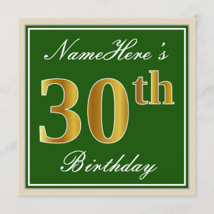 Elegant, groen, Faux Gold 30th Birthday + naam Kaart