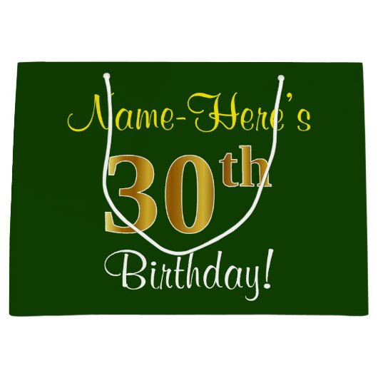 Elegant, groen, Faux Gold 30th Birthday + naam Large Cadeautasje (Voorkant)
