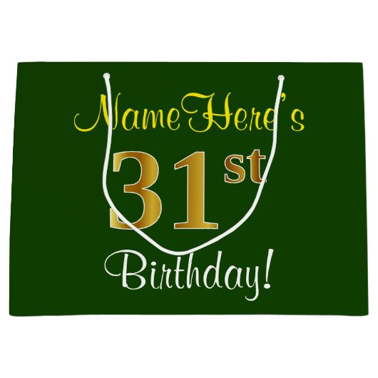 Elegant, groen, Faux Gold 31st Birthday + naam Groot Cadeauzakje (Voorkant)