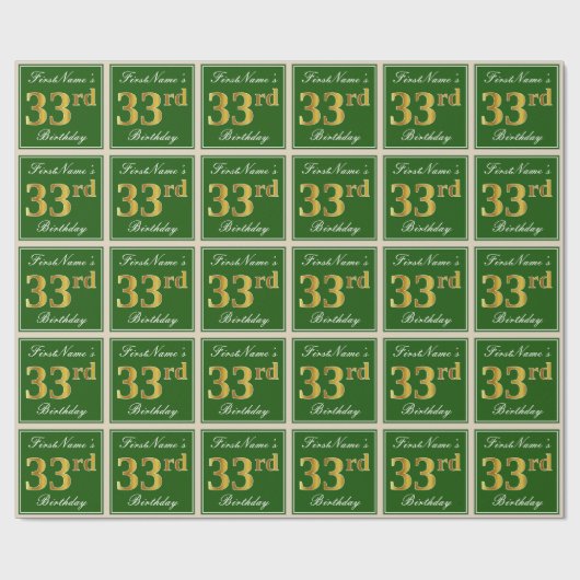 Elegant, groen, Faux Gold 33rd Birthday + naam Cadeaupapier (Vlak)