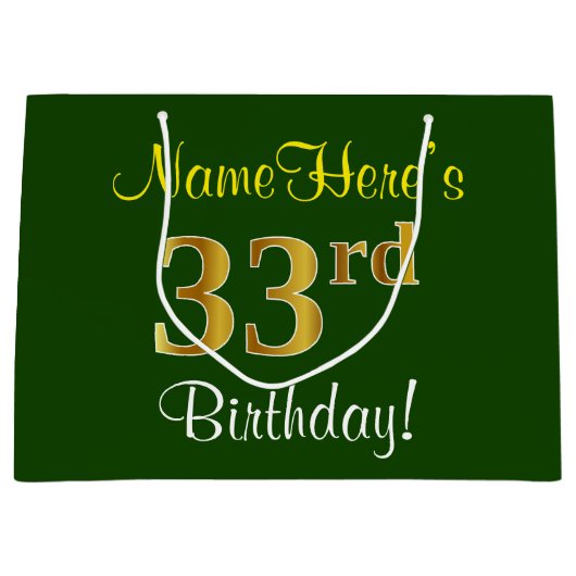 Elegant, groen, Faux Gold 33rd Birthday + naam Groot Cadeauzakje (Voorkant)
