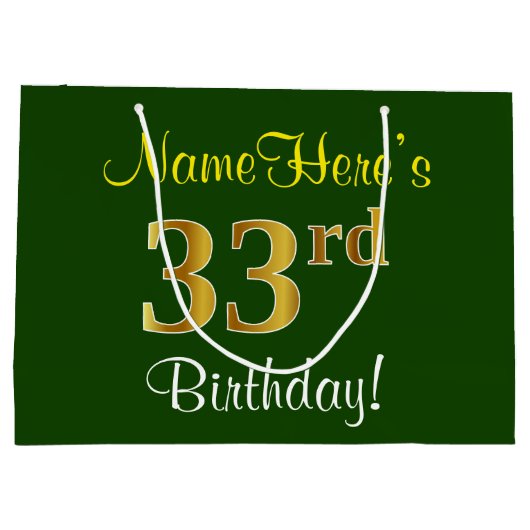 Elegant, groen, Faux Gold 33rd Birthday + naam Groot Cadeauzakje (Achterkant)