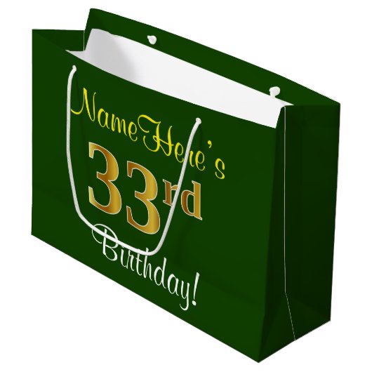 Elegant, groen, Faux Gold 33rd Birthday + naam Groot Cadeauzakje (Voorkant Gekanteld)