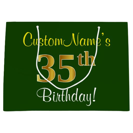 Elegant, groen, Faux Gold 35th Birthday + naam Groot Cadeauzakje (Voorkant)