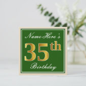 Elegant, groen, Faux Gold 35th Birthday + naam Kaart (Staand voorkant)
