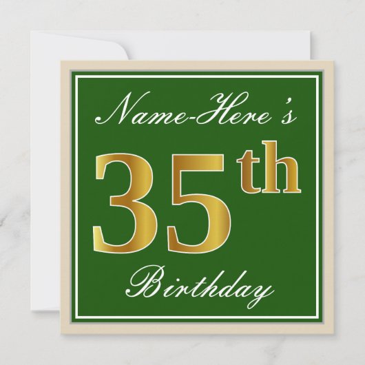 Elegant, groen, Faux Gold 35th Birthday + naam Kaart (Voorkant)