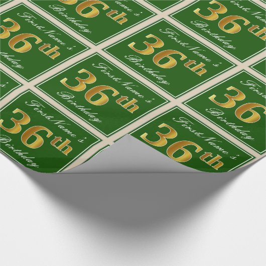 Elegant, groen, Faux Gold 36th Birthday + naam Cadeaupapier (Hoek)