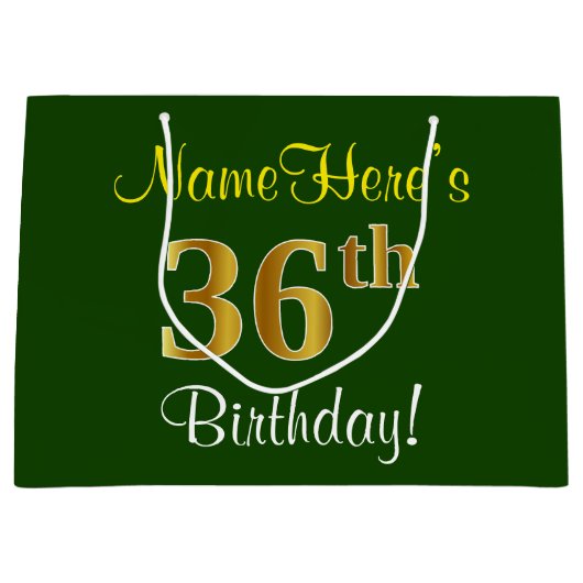 Elegant, groen, Faux Gold 36th Birthday + naam Groot Cadeauzakje (Voorkant)