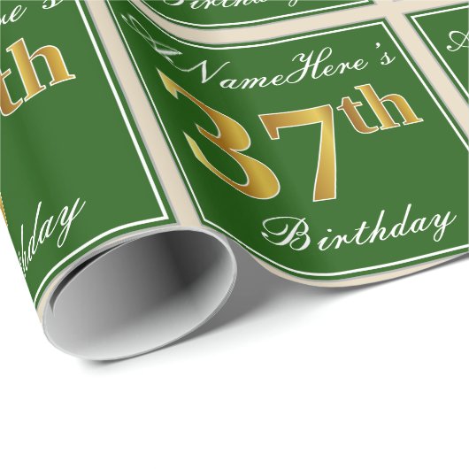 Elegant, groen, Faux Gold 37th Birthday + naam Cadeaupapier (Rol Hoek)