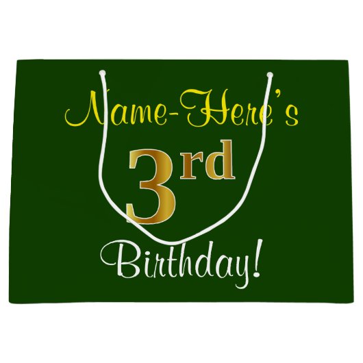 Elegant, groen, Faux Gold 3rd Birthday + naam Groot Cadeauzakje (Voorkant)