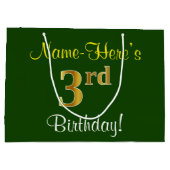 Elegant, groen, Faux Gold 3rd Birthday + naam Groot Cadeauzakje (Achterkant)