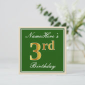 Elegant, groen, Faux Gold 3rd Birthday + naam Kaart (Staand voorkant)