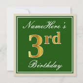 Elegant, groen, Faux Gold 3rd Birthday + naam Kaart (Voorkant)